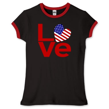 Picture of Women's Fitted Ringer Tee with red lettered USA LOVE design from printfection.com/flagnation.
