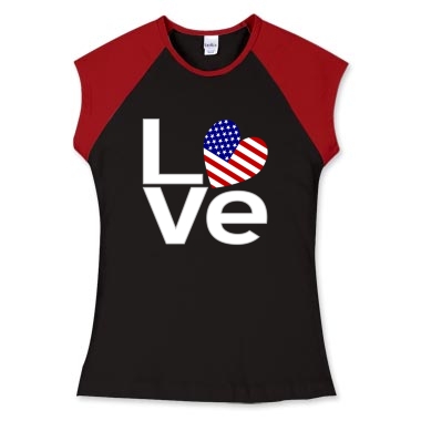 Picture of women's fitted cap sleeve T with white letters USA LOVE design from printfection.com/flagnation