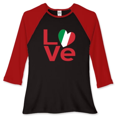 Picture of red and black women's fitted baseball jersey with the Italian LOVE design from print.flagnation.com