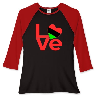 Picture of long sleeved womens' fitted baseball jersey with the African American LOVE design from print.flagnation.com