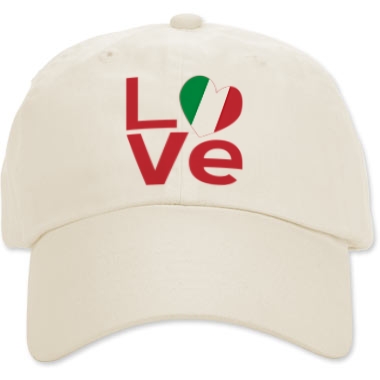 Picture of almond colored cap with Italian LOVE design from print.flagnation.com