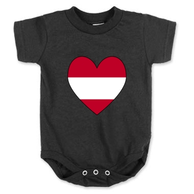 Black infant onesie with heart shaped flag of Austria.
