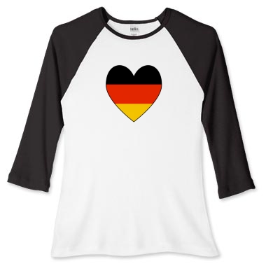 Picture of the German Flag Heart Valentine on a women's long sleeve baseball tee. 