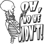 Original and unique Halloween inspired tee shirt design featuring a skeleton waving his hand proclaiming, "Oh, no he didn't!"