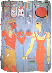 Horemheb brings wine to Hathor. She hold the life-giving ankh and Was staff, a symbol of power. The design has a lightly distressed appearance as though you've had it for years.