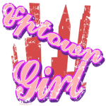 Original tee shirt screen print that reads, "Uptown Girl", featuring a cartoon skyscraper scene with colorful lettering across front of chest. Regular, non-vintage version is available. Email us!