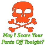 An orange skull and crossbones has only one request this Halloween: "May I scare your pants off tonight?" Great shirt to wear to a party or out on the town trick or treating at your favorite bar or tavern any day of the year.