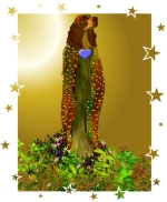 The Doggess stands among flowers and vines in her cloak of stars to bring love into your heart. Wear her and spread the joy that is dog.