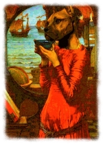 An old masterpiece is transformed into an homage to the noble soul of dogs in this painting of a dog's head atop a red satin dressed female form drinking from a bowl as ships sail in the background.