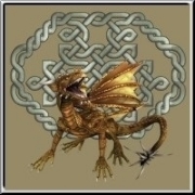 Stylish Celtic knot design with a mythical dragon in golden shades sitting in front baring its fangs. A perfect gift for dragon and Celtic art lovers alike.