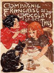 A vintage poster for chocolate and teas by French artist T.A. Steinlen is from 1899. The design has a lightly distressed appearance as though you've had it for years.