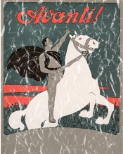 A rearing white horse and black caped rider. This poster advertised the socialist party newsletter published from 1896 to 1955. It's most well known editor was Mussolini. The design has a lightly distressed appearance for a more aged look.