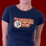 Awesome Hunter S Thompson t-shirt featuring one of his most famous quotes. Too weird to live, too rare to die. Very cool colors and a profile image of HST himself.