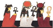 Hathor is shown holding her sistrum, a religious musical instrument. Behind her sits the sun God Ra and the scorpion Goddess Selkis, both holding ankh signs of life.