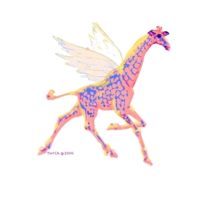 A Giraffe (Twiga in Swahili) with wings! Fantasy fairyland flying giraffe, scroll down to see her on t-shirts,mousepads,cutting boards,bags,aprons and other great whimsical gift ideas.