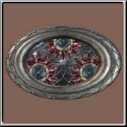 A grunge metal oval ring, partly covered in metallic mesh, in the center three metal flowers, also covered with mesh. An unusual design for people that would like to own products with unique digital art!