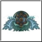 A metallic orb in blue and green shades decorated with floral ornaments, surrounded by winged fractal shapes. A unique design for those that want something different!