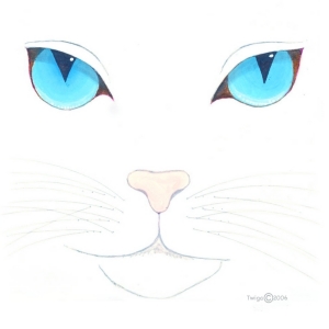 A beautiful blue eyed cat, white and fluffy. The perfect gift for yourself or all the cat lovers you know. Scroll down to see this precious kitty on mousepads, t-shirts and other fine apparel, cutting boards and coasters.