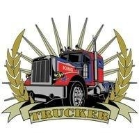 A big rig semi truck is the center piece of this Trucker t-shirt and gift design. A pointed radial star shape and two leaves with a banner than reads "Trucker".