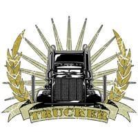 A big rig semi truck is the center piece of this Trucker t-shirt and gift design. A pointed radial star shape and two leaves with a banner than reads "Trucker".