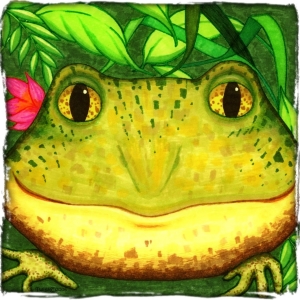 Cleopatra the Frog... with a beautifiul pink flower. She likes it cool, damp and green. The perfect gift for nature lovers and all kids. Click to see her on t-shirts,bags,mousepads, glass cutting boards and coasters.