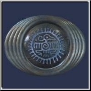 The ancient eagle symbol of the Aztecs, digitally painted in blue metal set on a grunge metal orb with ringed, oval surround. A unique design for historical art lovers.