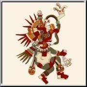 Quetzalcoatl is an Aztec sky and creator god. The name is a combination of quetzal, a brightly colored Mesoamerican bird, and coatl, meaning serpent. The design is from the Codex Borbonicus, an Aztec codex written before the Spanish conquest of Mexico.
