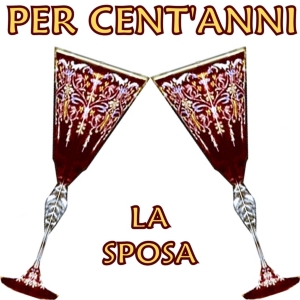 Two Venitian Murano glasses click cin-cin under the traditional Italian wedding "brindisi" (toast) "Per cent'anni" (For 100 years) of happiness together for the couple. La sposa means The Bride.