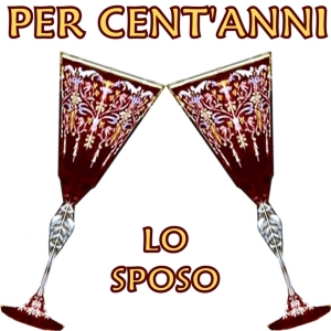 Two Venitian Murano glasses click cin-cin under the traditional Italian wedding "brindisi" (toast) "Per cent'anni" (For 100 years) of happiness together for the couple. Lo sposo means The Groom.
