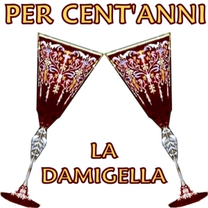 Two Venitian Murano glasses click cin-cin under the traditional Italian wedding "brindisi" (toast) "Per cent'anni" (For 100 years) of happiness together for the couple. La damigella means Bride's Maid.