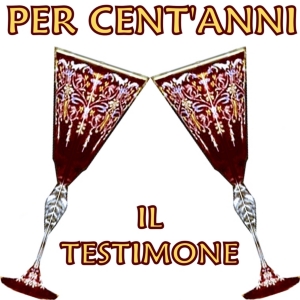 Two Venitian Murano glasses click cin-cin under the traditional Italian wedding "brindisi" (toast) "Per cent'anni" (For 100 years) of happiness together for the couple. Il testimone means Groom's Man or Best Man.