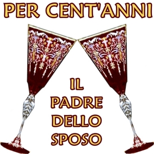 Two Venitian Murano glasses click cin-cin under the traditional Italian wedding "brindisi" (toast) "Per cent'anni" (For 100 years) of happiness together for the couple. Il padre dello sposo means Father of the Groom.