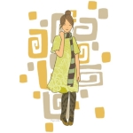 Tees, jerseys, and tank tops printed with an original illustration called “Scarfed Sweetie”: a girly girl in a retro-style dress and a printed scarf.