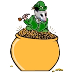 St. Patrick's Day Opossum in leprechaun hat, suit and pot of gold. Great possum design for Saint Paddy's Day parties or anytime for a bit of the luck of the Irish and weariin' o' the green!