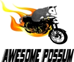 Awesome Possum on a Flaming Motorcycle speeding his way through life - a victum no more! This opossum has the right attitude.
