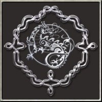 A stylized, chrome textured oriental type dragon ornament in the center of a circular Celtic knotwork design - a favourite for dragon lovers and fantasy art geeks!