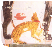 The cat became more to the Egyptians than just a normal animal, the cat became a god. Domesticated in Egypt, around 2000 B.C. most modern cats are descendants of the cats of ancient Egypt. This small part of a mural shows a cat tied to a chair.