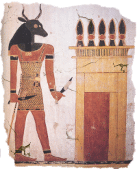The antelope headed guard armed with knives watches over the gate of the Duat (the underworld). In order to pass, the diseased must know his name.