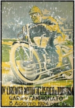 A vintage poster for the Circuito Motociclistico in 1924. This motorcycle race in Italy is still run every year. The design has a lightly distressed look as though you've had it for years.