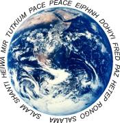 A view of earth from space with the word Peace in 13 different languages around it.