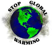 The earth surrounded by muck and grime with the words Stop Global Warming surrounding it. Vow to make one small change today and we can <I>all</I> live easier.