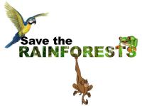 Save the Rainforests written in a colorful graphic with a macaw, a tree frog and a monkey surrounding it.