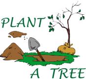 A colorful cartoon showing someone digging a very deep hole for a young tree and the words Plant A Tree surrounding it.