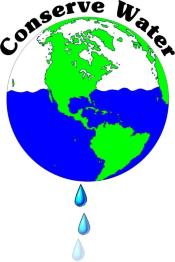 A graphic of earth with half the water draining out of the bottom. The words Conserve Water is above it.