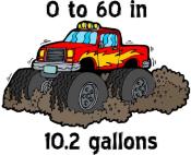 A cartoon of a truck with big tires tearing up the dirt. The words 0 to 60 in 10.2 gallons surrounding it. Lets at least <b>try</b> to conserve our gas reserves.