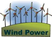 A bright graphic of wind turbines with the words Wind Power underneath them.
