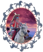 A Native American Indian warrior on his pony takes a ride at sunset in this design done in a special watercolor style; horses race around the outside edge. Makes a brilliantly-colored gift!