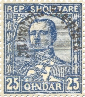 This stamp from Albania shows possibly a Prince or King in blues with the denomination of 25 in the corners.
