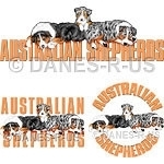 Aussie Art from Danes-R-Us features a trio of Lounging Australian Shepherds making themselves at home atop and in between their breed name. Tri Color plus Blue Merle.