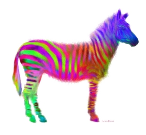 Beautiful psychedelic stripes and a frisky look in his eye, this Zebra follows no rules! Zebras cannot be tamed or trained, and are truly wild. Let this rainbow wild one help proclaim your right to be uniquely "YOU"! T-shirts and other great gifts!